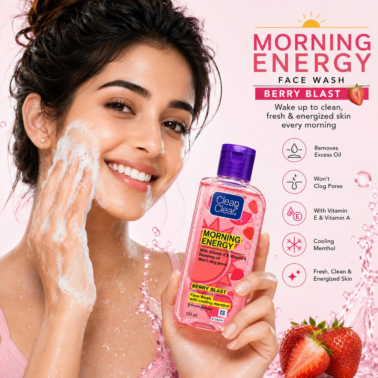Clean & Clear Morning Energy Berry Blast Face Wash with Vitamin E & Vitamin A | Cooling Menthol | Oil Control Face Wash | 100ml