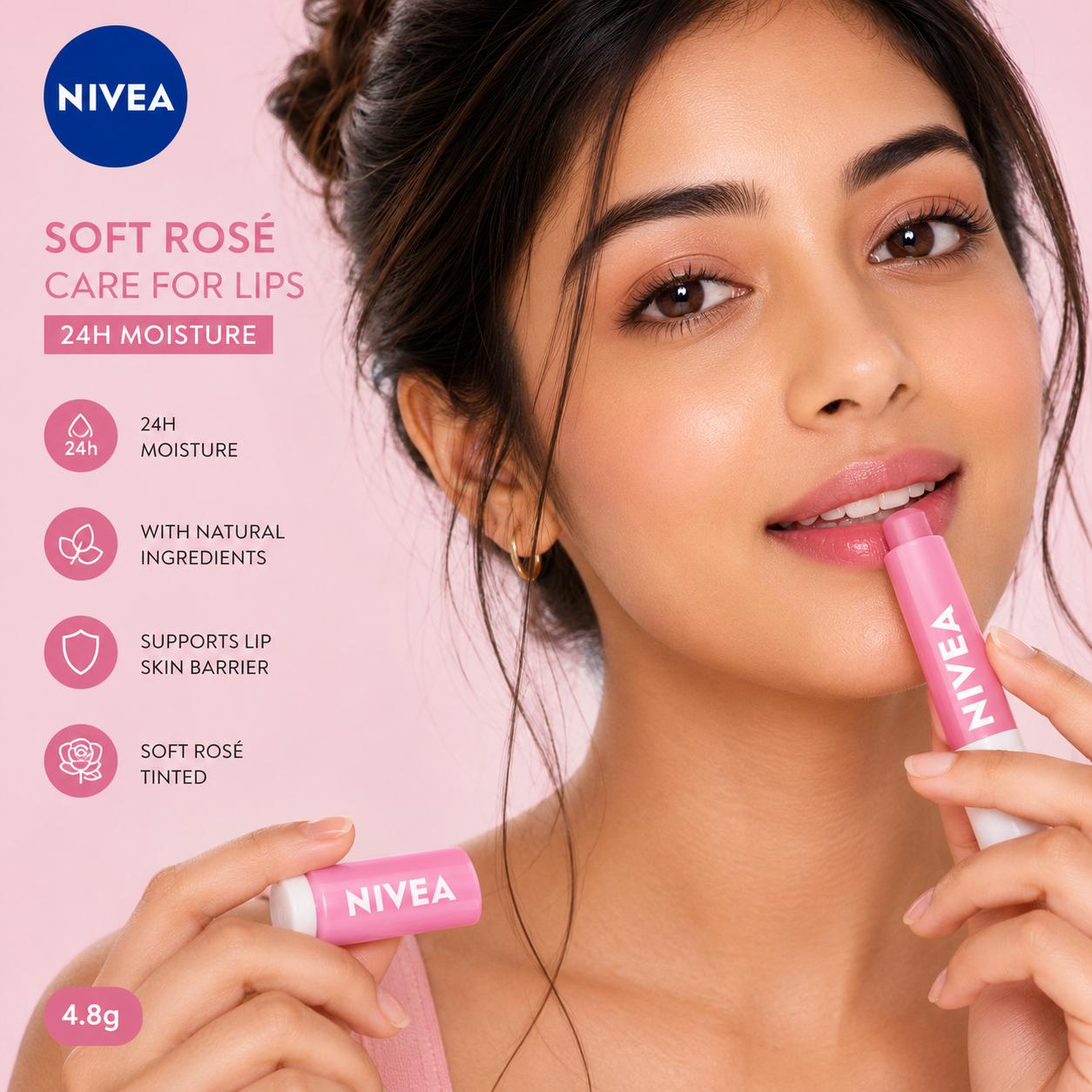 NIVEA Soft Rosé Lip Balm | 24H Moisture Rosé Tinted Lip Care | 4.8g