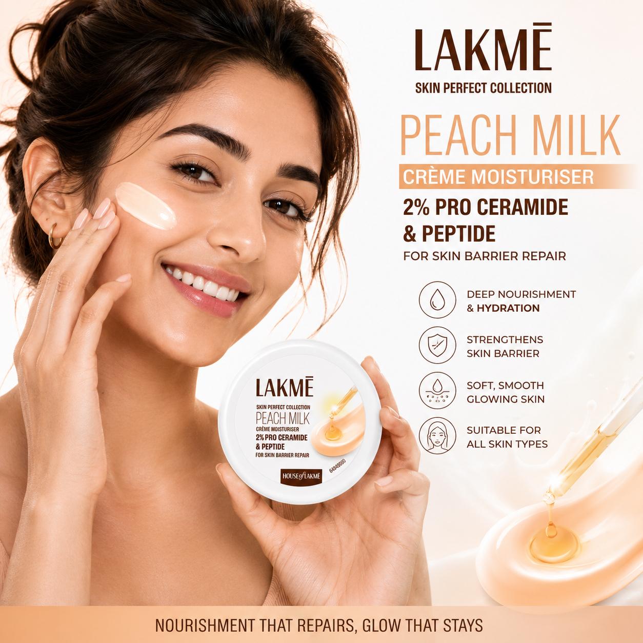 Lakmé Skin Perfect Collection Peach Milk Crème Moisturiser with 2% Pro Ceramide & Peptide | 25g