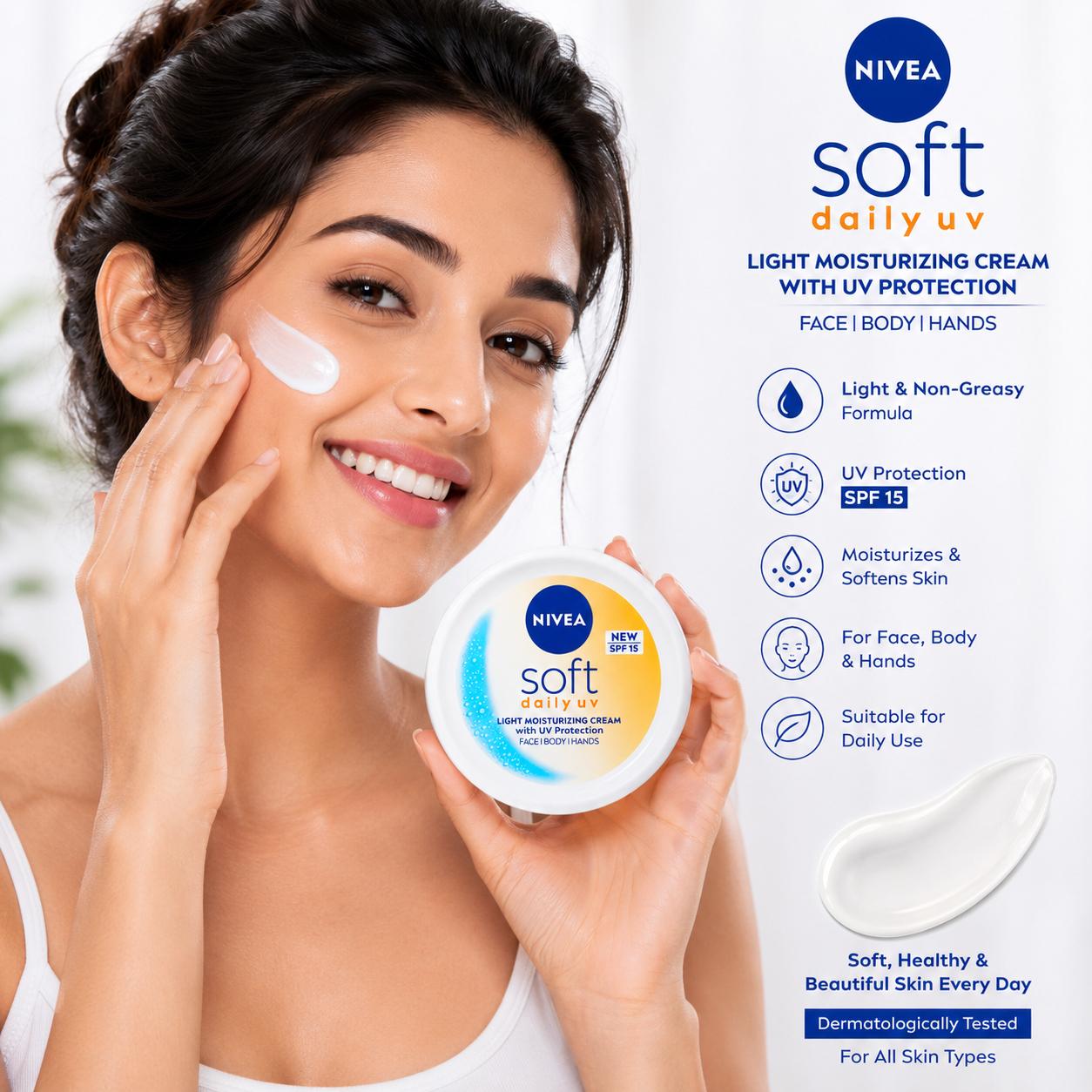 NIVEA Soft Daily UV Light Moisturizing Cream SPF 15 | Face, Body & Hands | 30ml