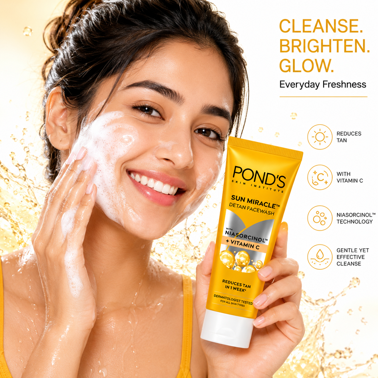 POND’S Sun Miracle Detan Facewash with Niasorcinol™ & Vitamin C | Tan Removal Face Cleanser | 50g
