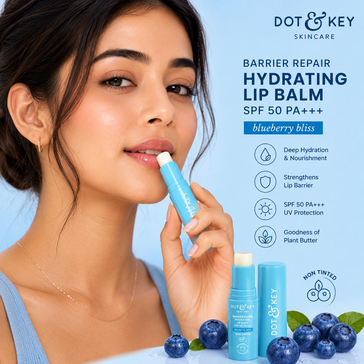 Dot & Key Barrier Repair Hydrating Lip Balm SPF 50 PA+++ - Blueberry Bliss | Non-Tinted Lip Balm | 4.5g