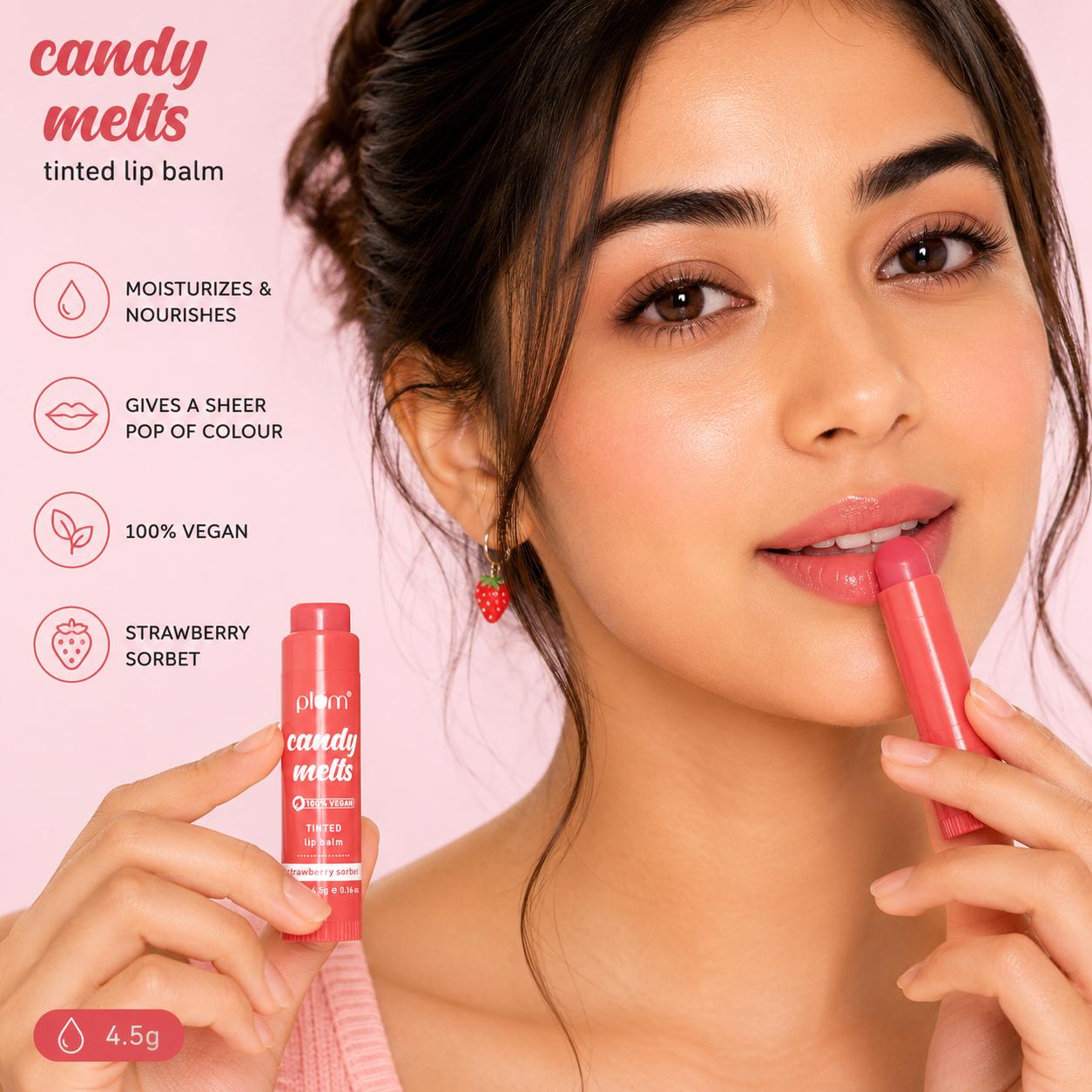 Plum Candy Melts Tinted Lip Balm - Strawberry Sorbet | Moisturizing Vegan Lip Balm | 4.5g