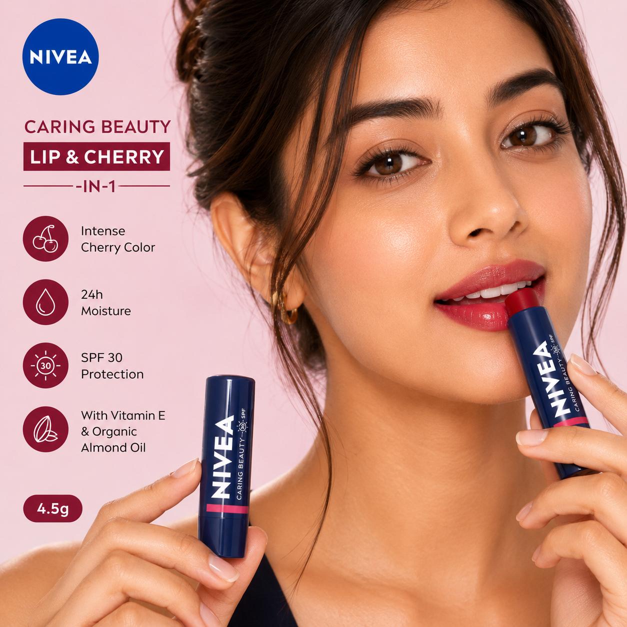 NIVEA Caring Beauty Lip & Cheek Balm - Cherry | SPF Lip Balm & Cheek Tint | 4.8g