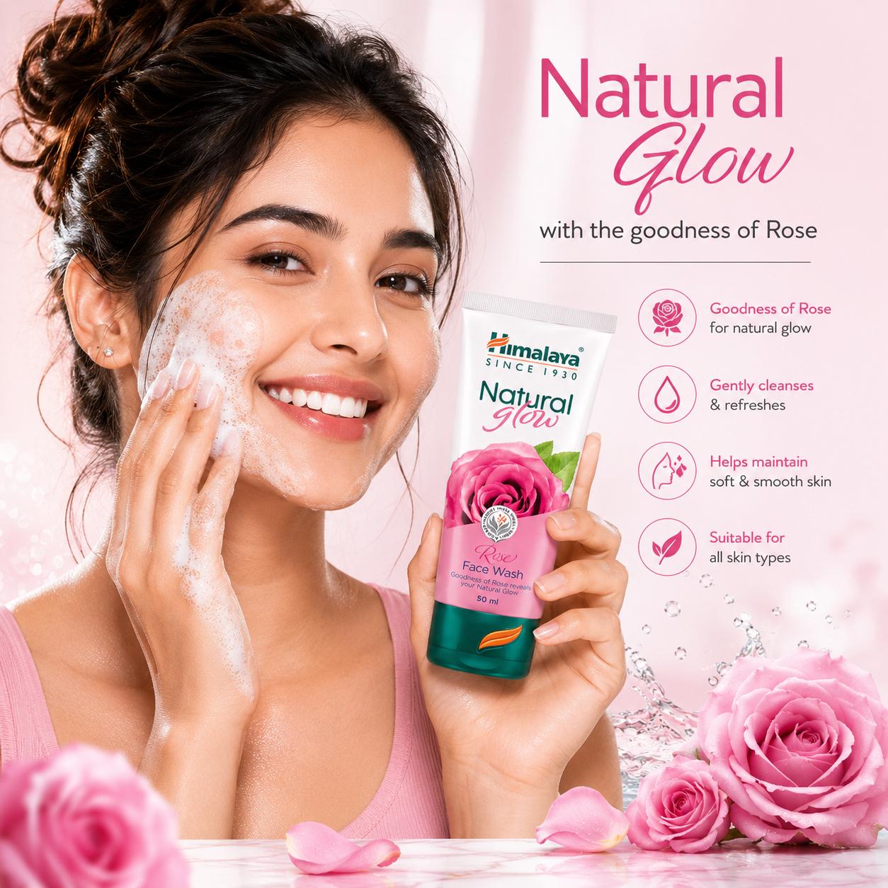 Himalaya Natural Glow Rose Face Wash | Gentle Cleansing Face Wash for Radiant Skin | 50ml