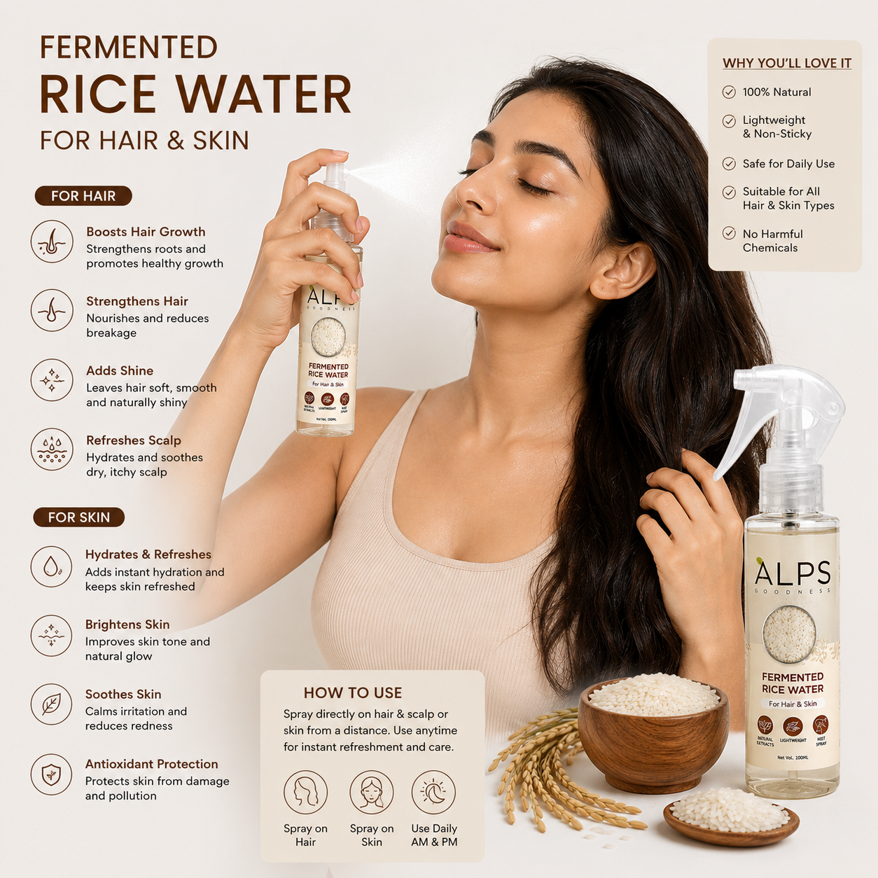 ALPS Goodness Fermented Rice Water Hair & Skin Mist Spray | Nourishing & Hydrating Mist | 100ml