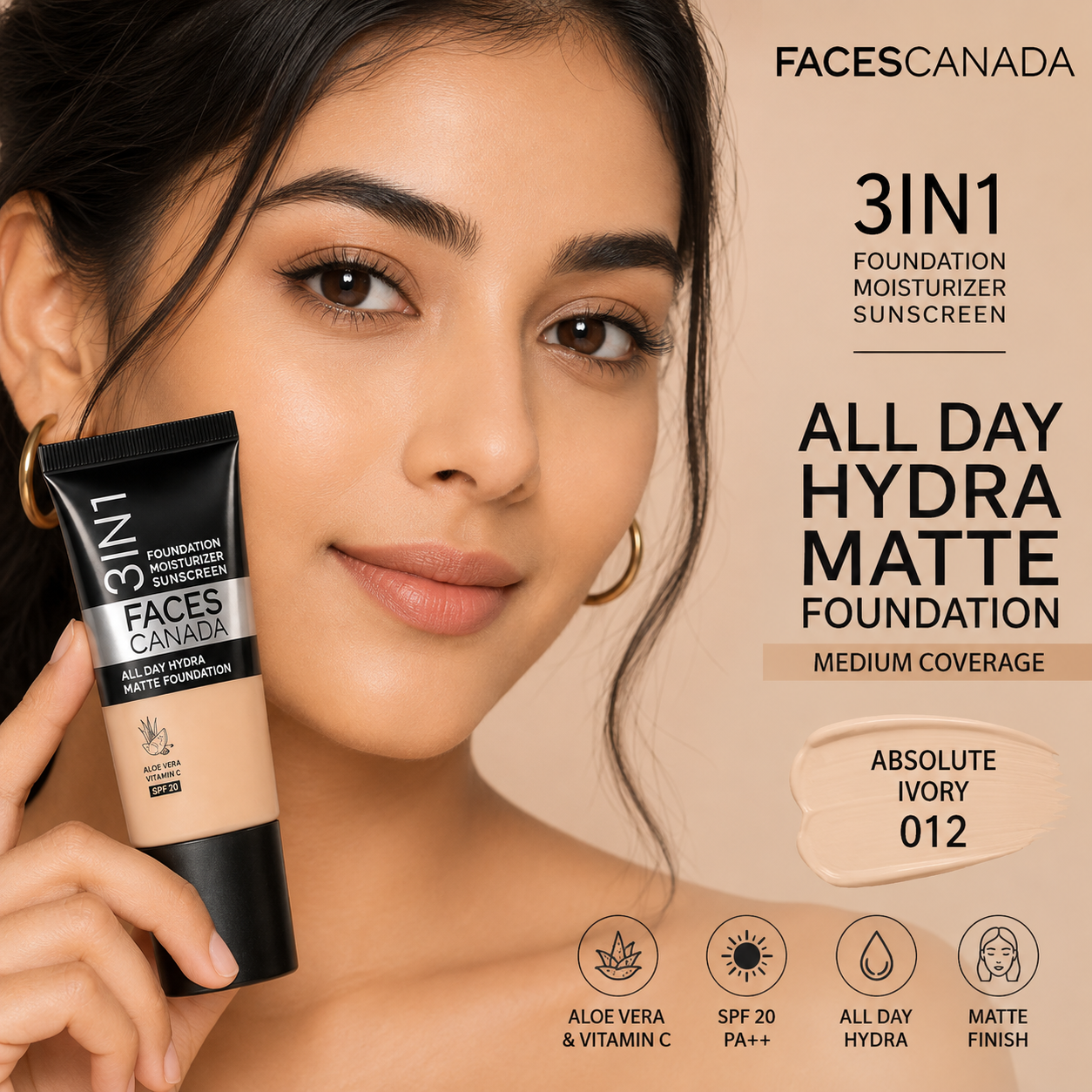 Faces Canada 3 in 1 All Day Hydra Matte Foundation – Absolute Ivory 012 | 18ml
