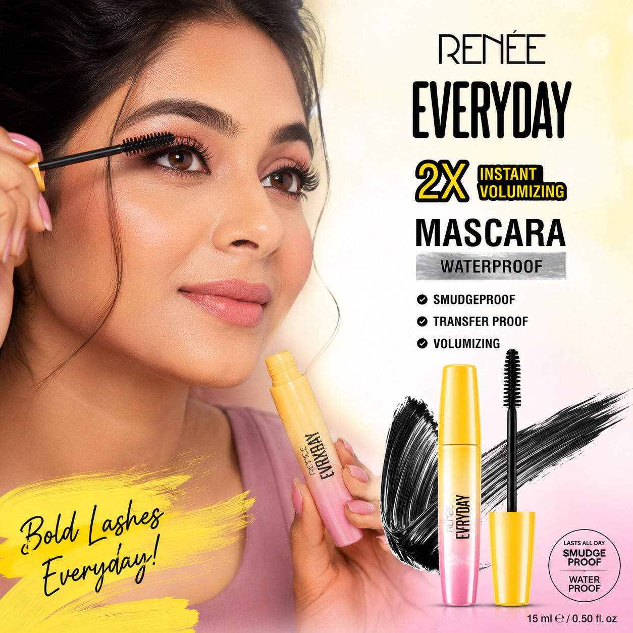 RENEE Everyday Waterproof Mascara – 15ml | 2X Instant Volumizing | Smudgeproof & Transfer Proof