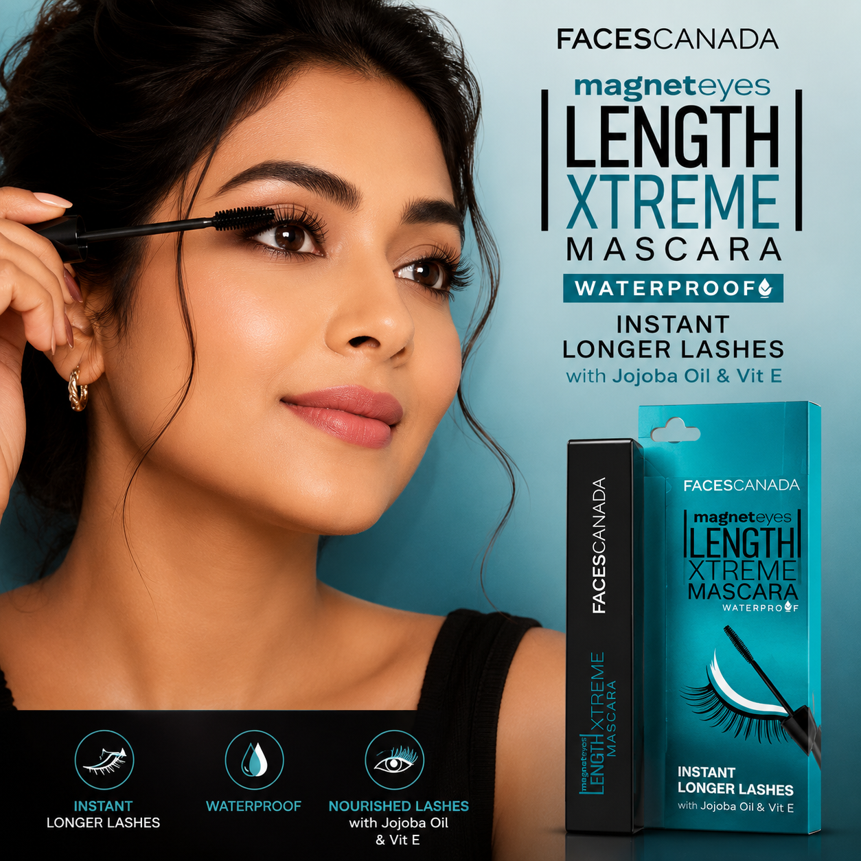 Faces Canada Magneteyes Length Xtreme Waterproof Mascara 8ml  Instant Longer Lashes  Jojoba Oil & Vitamin E
