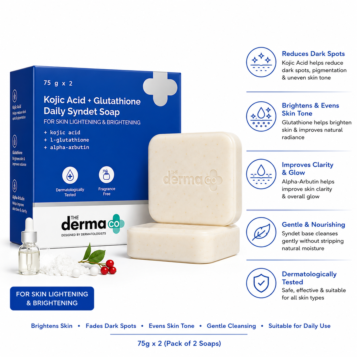 The Derma Co Kojic Acid + Glutathione Daily Syndet Soap – 75g x 2