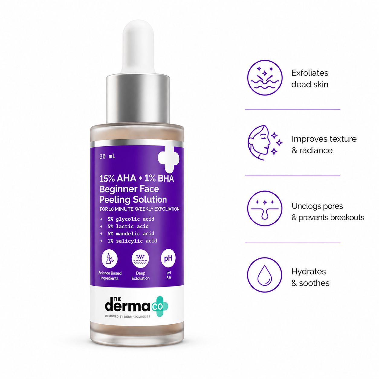 The Derma Co 15% AHA + 1% BHA Beginner Face Peeling Solution – 30ml