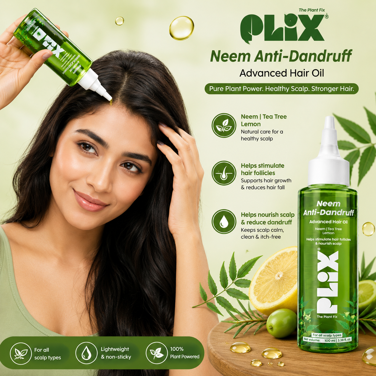 PLIX Neem Anti-Dandruff Advanced Hair Oil | Neem, Tea Tree & Lemon | 100ml