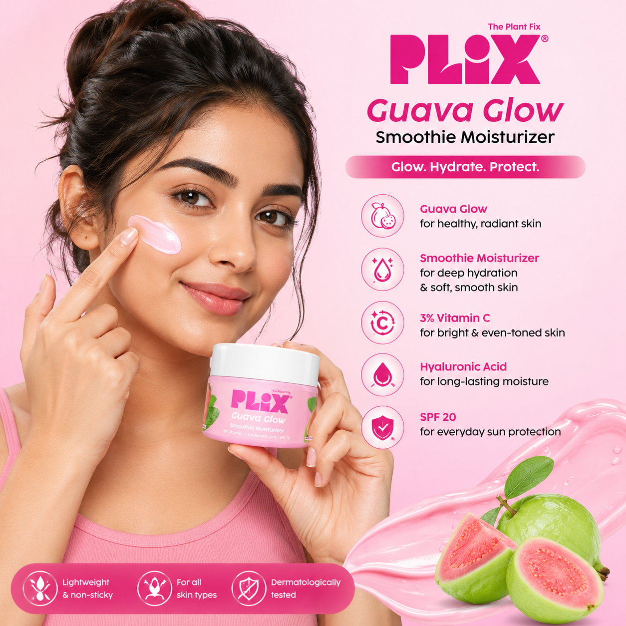 PLIX Guava Glow Smoothie Moisturizer SPF 20 | 3% Vitamin C + Hyaluronic Acid | 50g