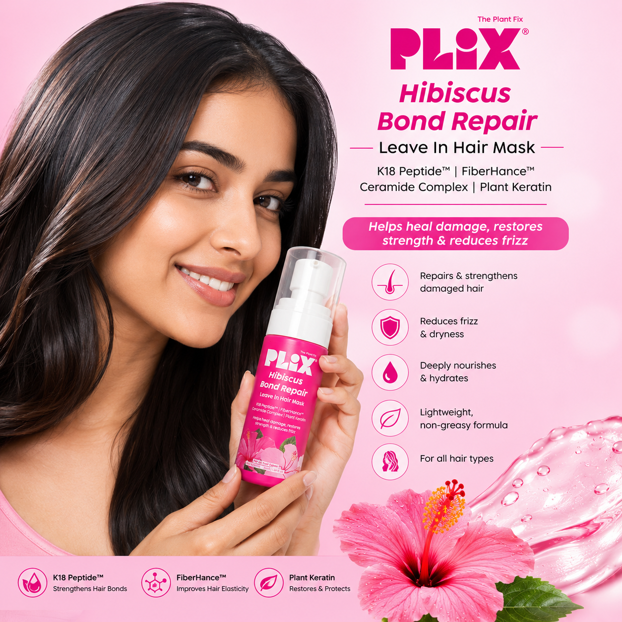 PLIX Hibiscus Bond Repair Leave-In Hair Mask | K18 Peptide™ + Plant Keratin | 50ml