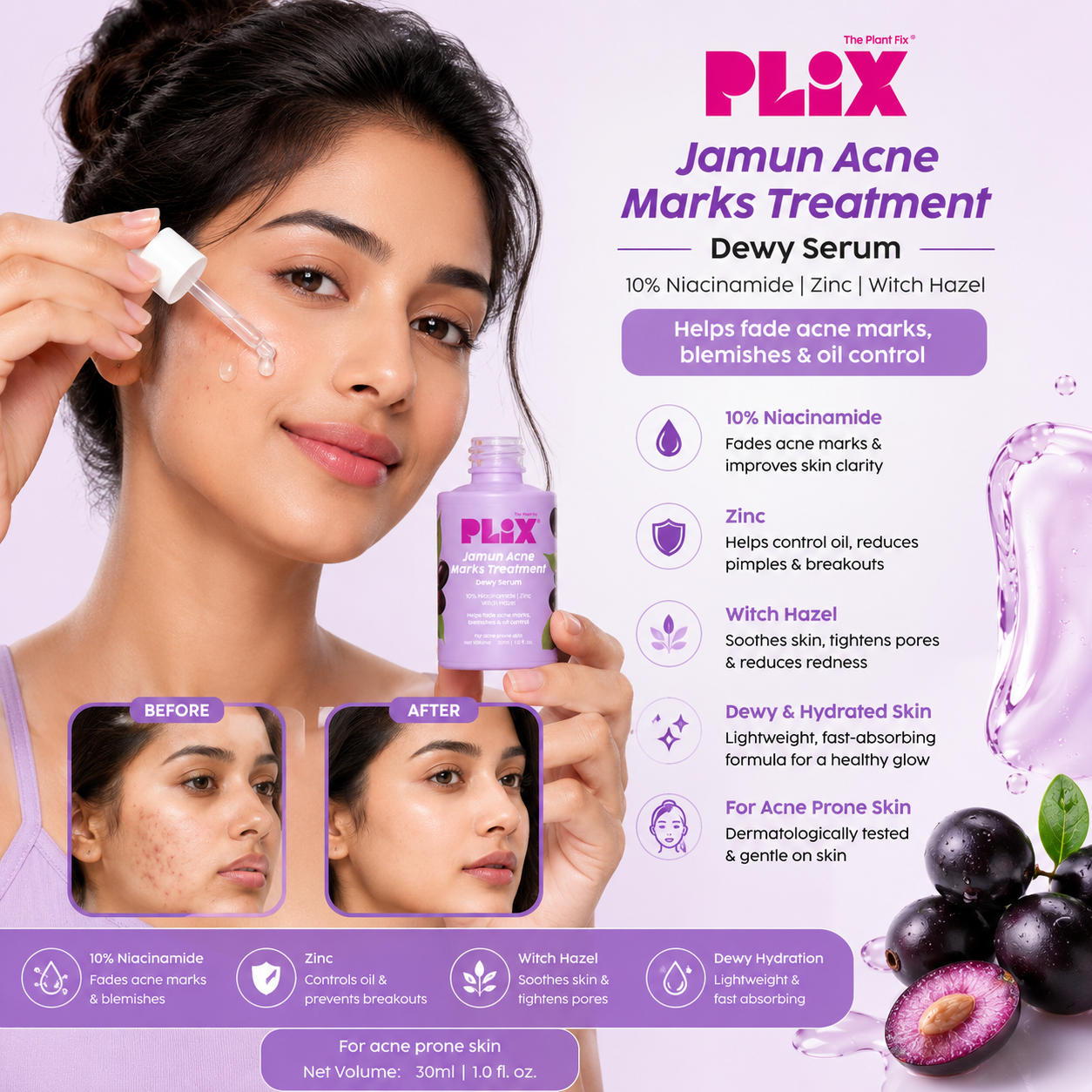 PLIX Jamun Acne Marks Treatment Dewy Serum | 10% Niacinamide + Zinc | 30ml