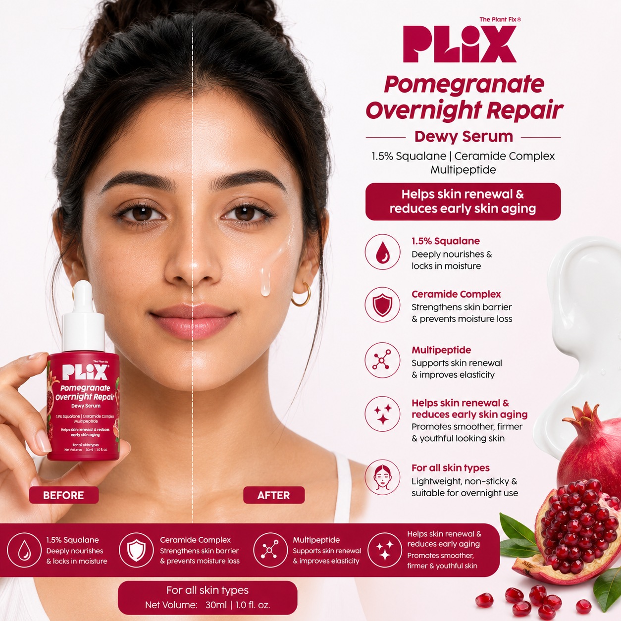 PLIX Pomegranate Overnight Repair Dewy Serum | 1.5% Squalane + Ceramide Complex | 30ml