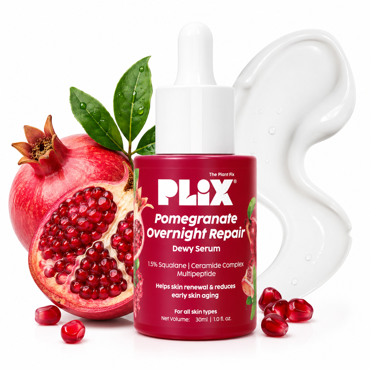 PLIX Pomegranate Overnight Repair Dewy Serum | 1.5% Squalane + Ceramide Complex | 30ml
