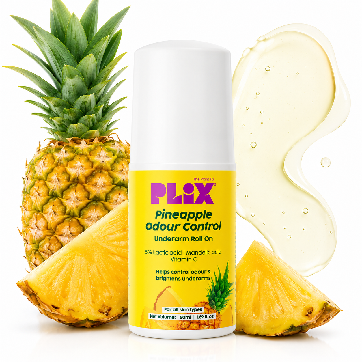 PLIX Pineapple Odour Control Underarm Roll On | 5% Lactic Acid + Vitamin C | 50ml