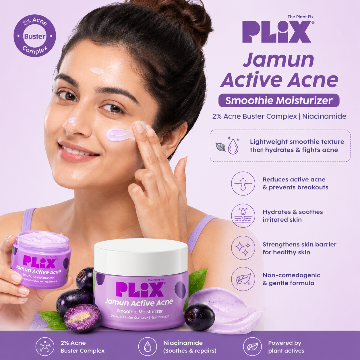 PLIX Jamun Active Acne Smoothie Moisturizer | 2% Acne Buster Complex & Niacinamide | 50g