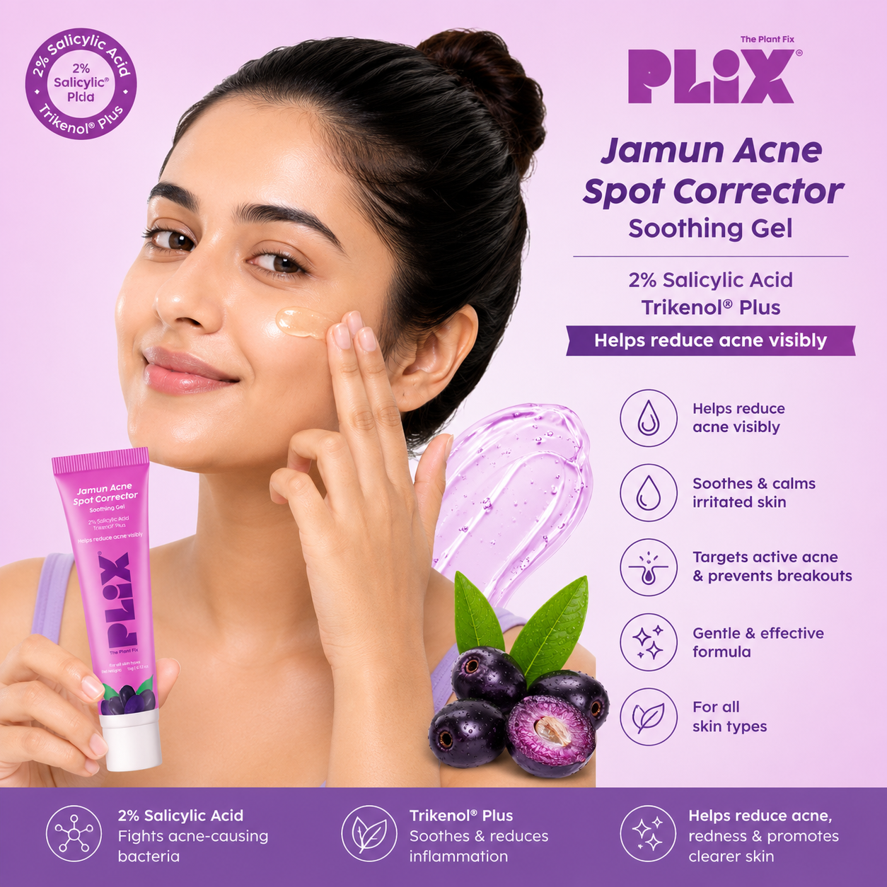 PLIX Jamun Acne Spot Corrector Soothing Gel | 2% Salicylic Acid & Trikenol® Plus | 15g