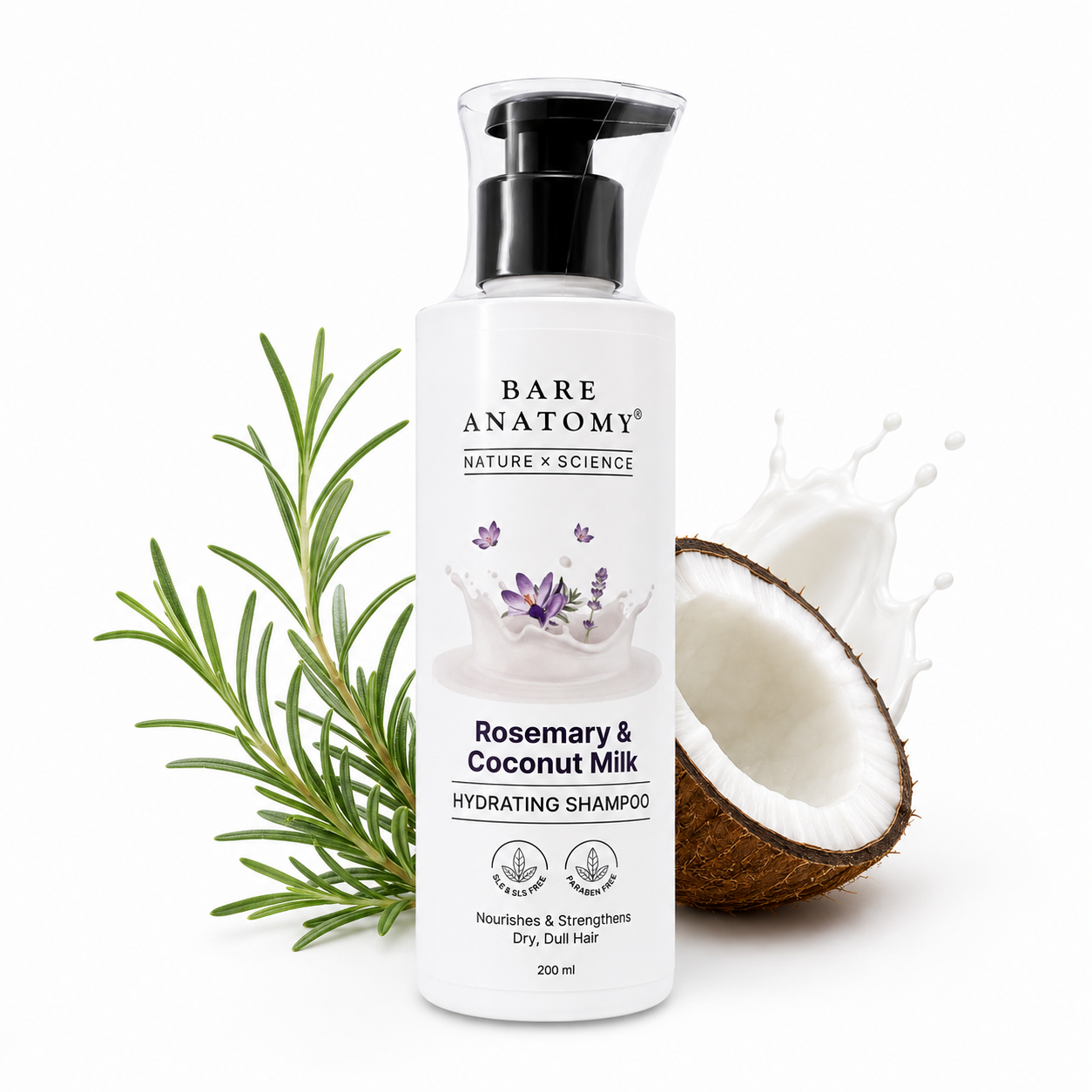 Bare Anatomy Rosemary & Coconut Milk Hydrating Shampoo – Nourishes & Strengthens Dry Hair | 200ml
