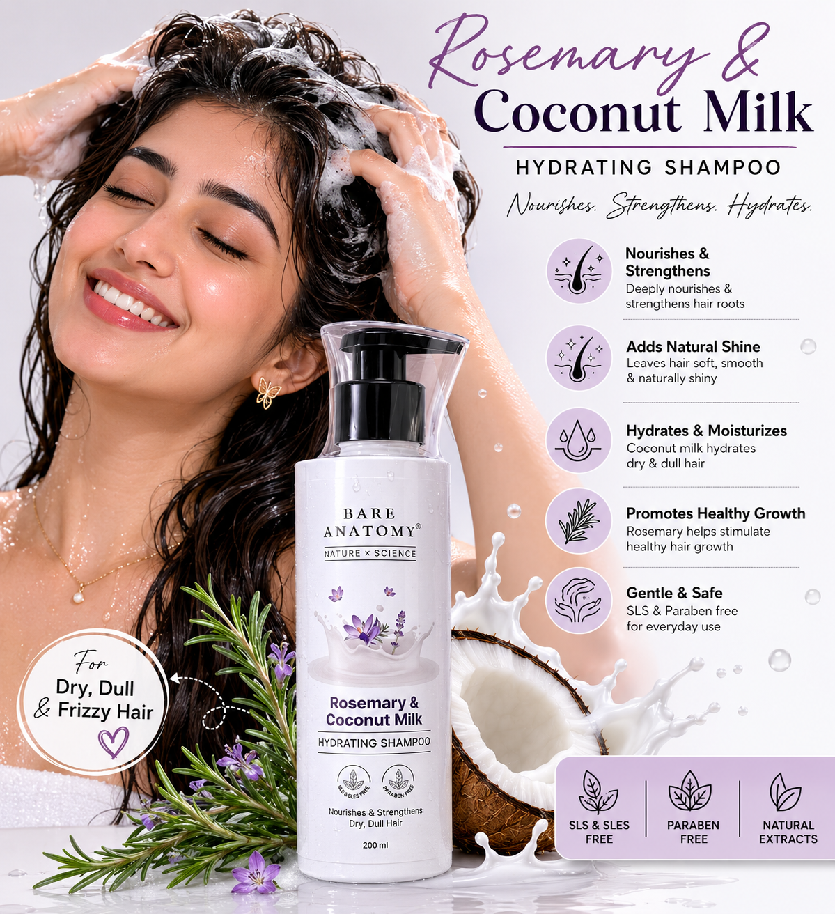 Bare Anatomy Rosemary & Coconut Milk Hydrating Shampoo – Nourishes & Strengthens Dry Hair | 200ml