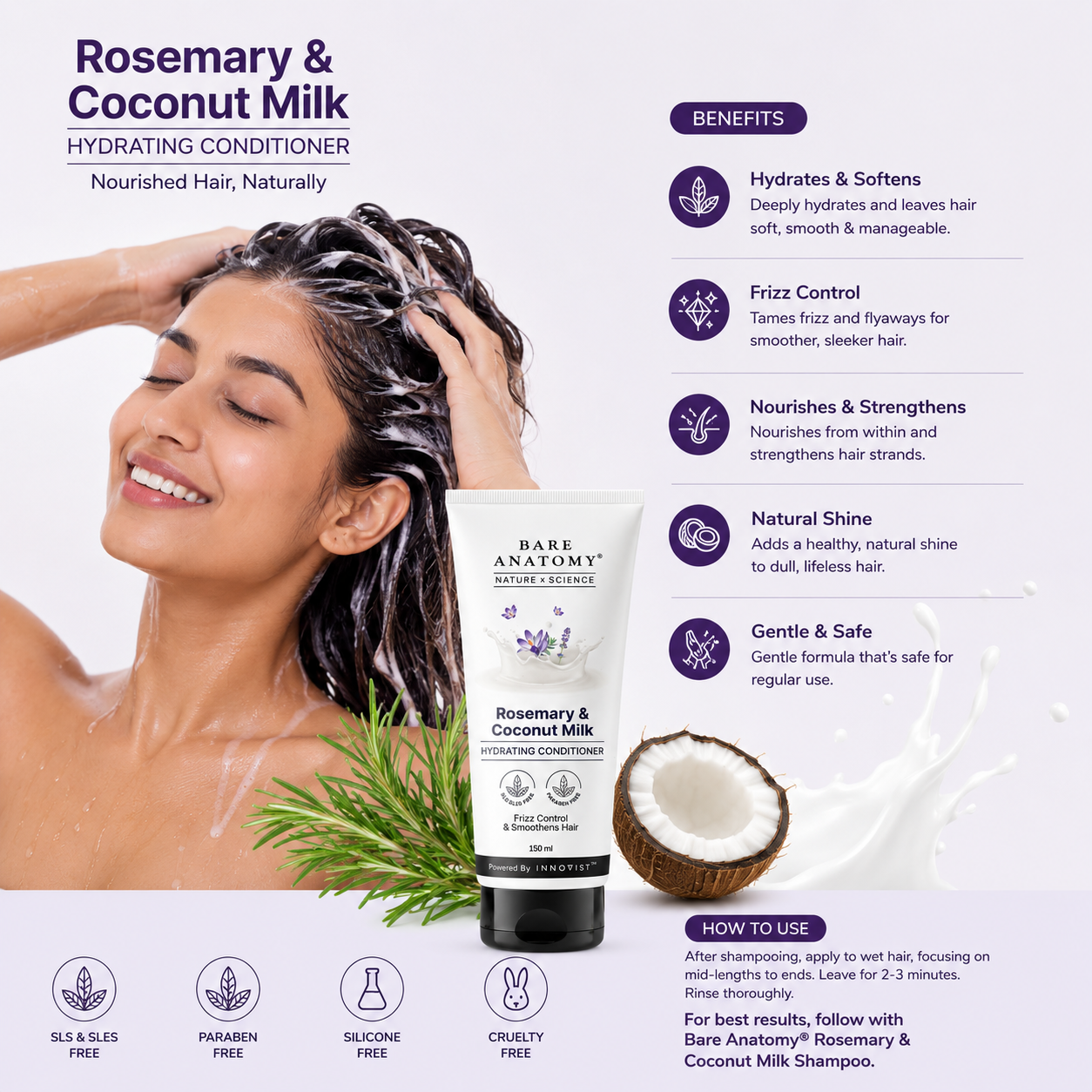 Bare Anatomy Rosemary & Coconut Milk Hydrating Conditioner – Frizz Control & Smooth Hair | 150ml