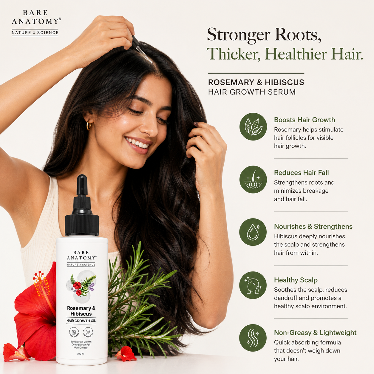 Bare Anatomy Rosemary & Hibiscus Hair Growth Oil – Controls Hair Fall & Boosts Hair Growth | 100ml