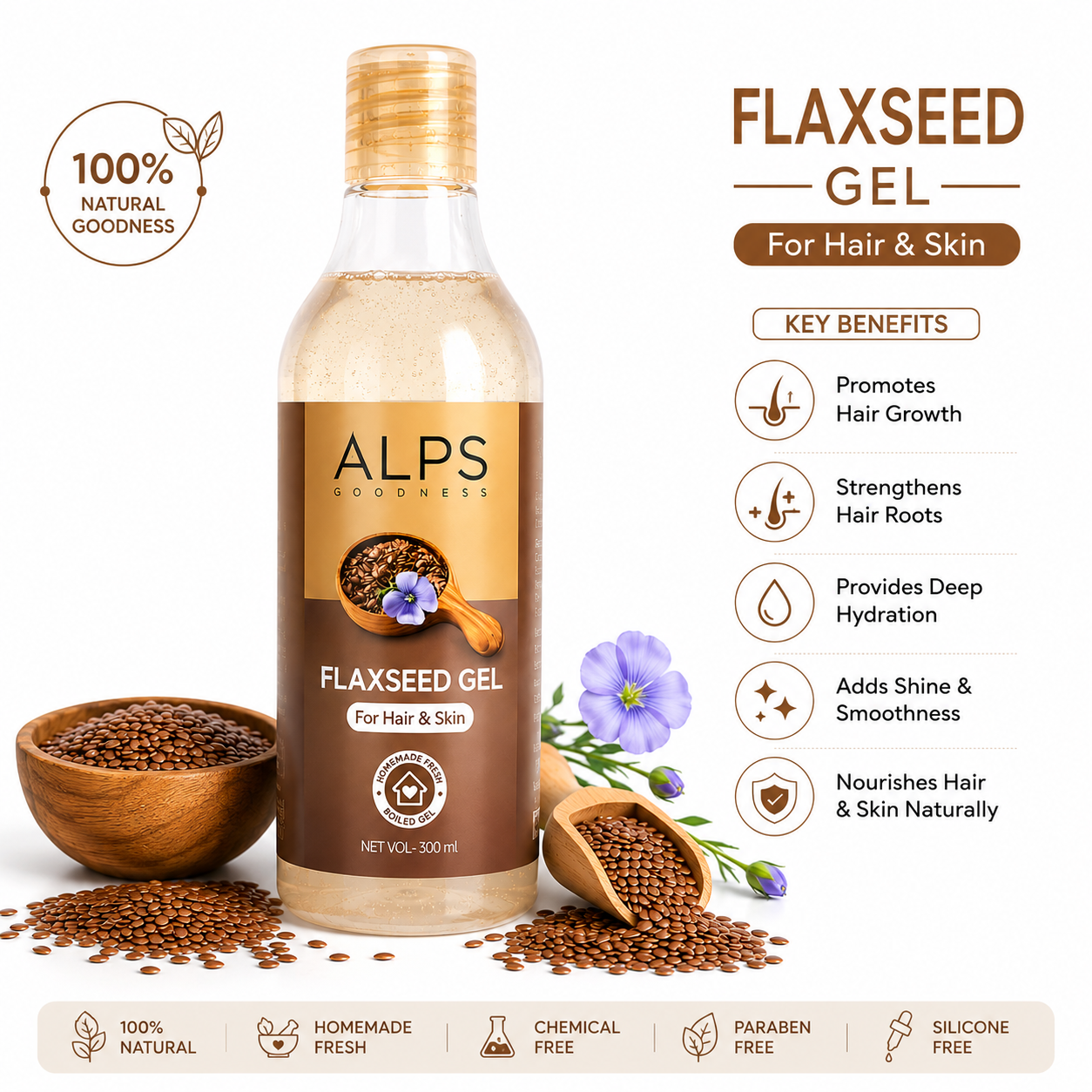 ALPS Goodness Flaxseed Gel for Hair & Skin | Hair Growth, Frizz Control & Deep Hydration | 300ml