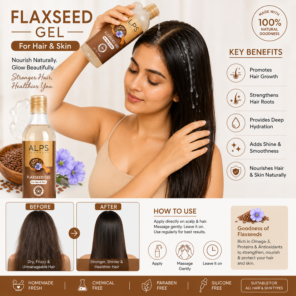 ALPS Goodness Flaxseed Gel for Hair & Skin | Hair Growth, Frizz Control & Deep Hydration | 300ml