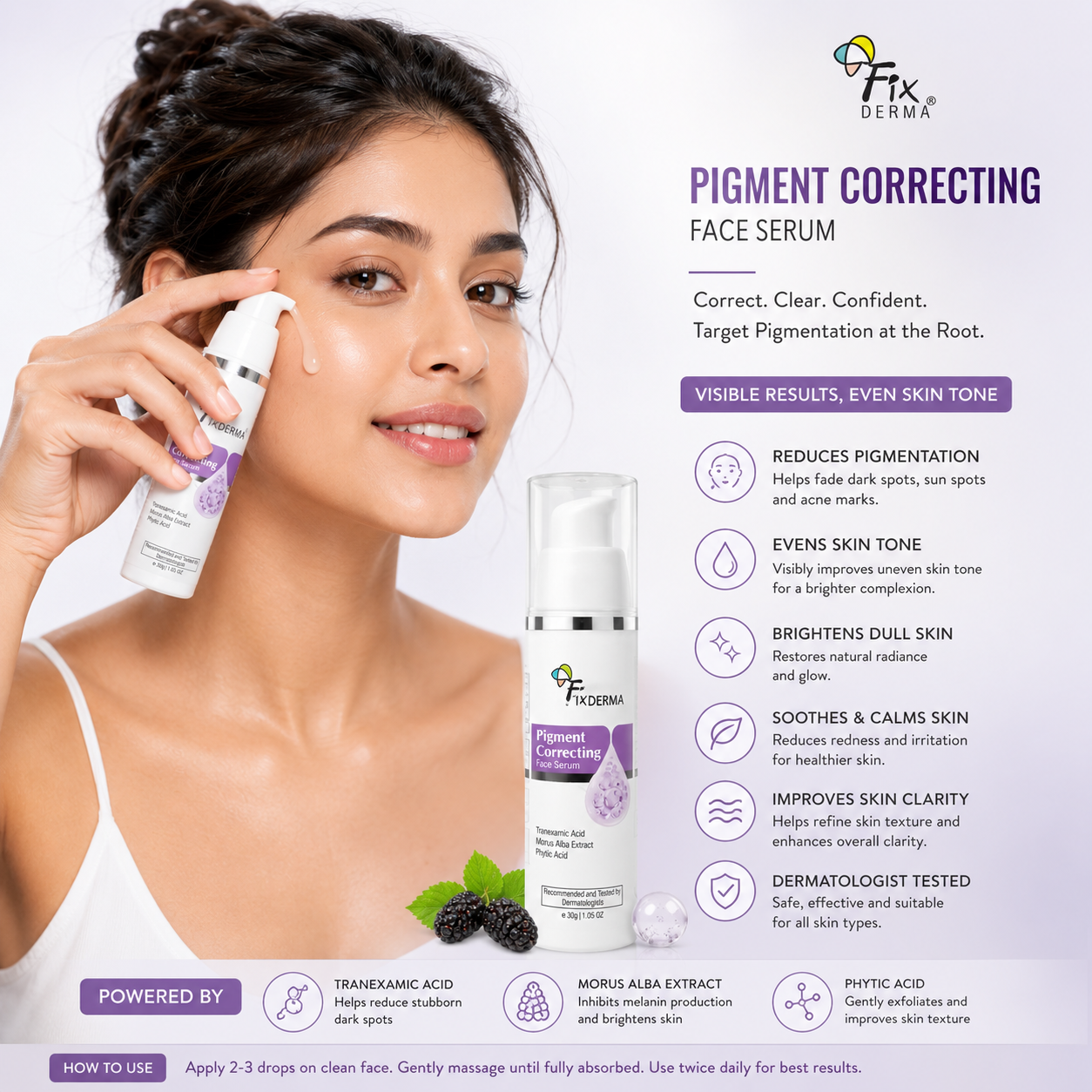 FixDerma Pigment Correcting Face Serum – Tranexamic Acid, Morus Alba Extract & Phytic Acid