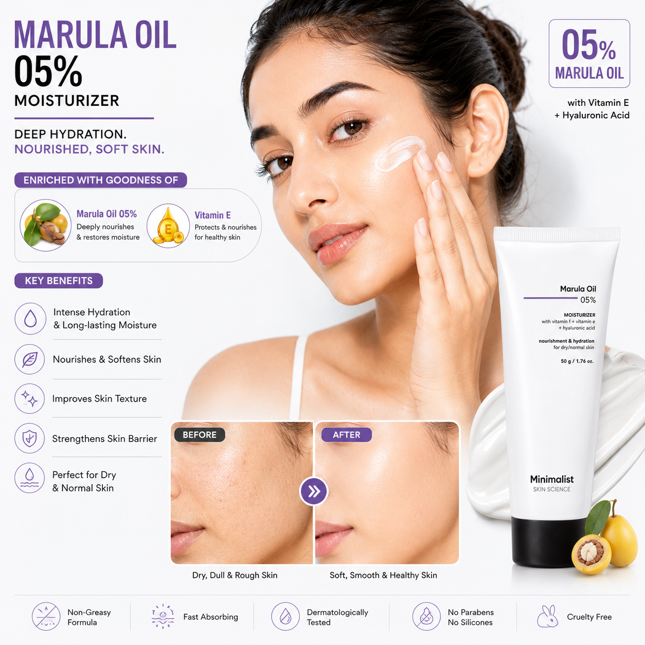 Minimalist Marula Oil 5% Moisturizer 50g | Vitamin E & Hyaluronic Acid