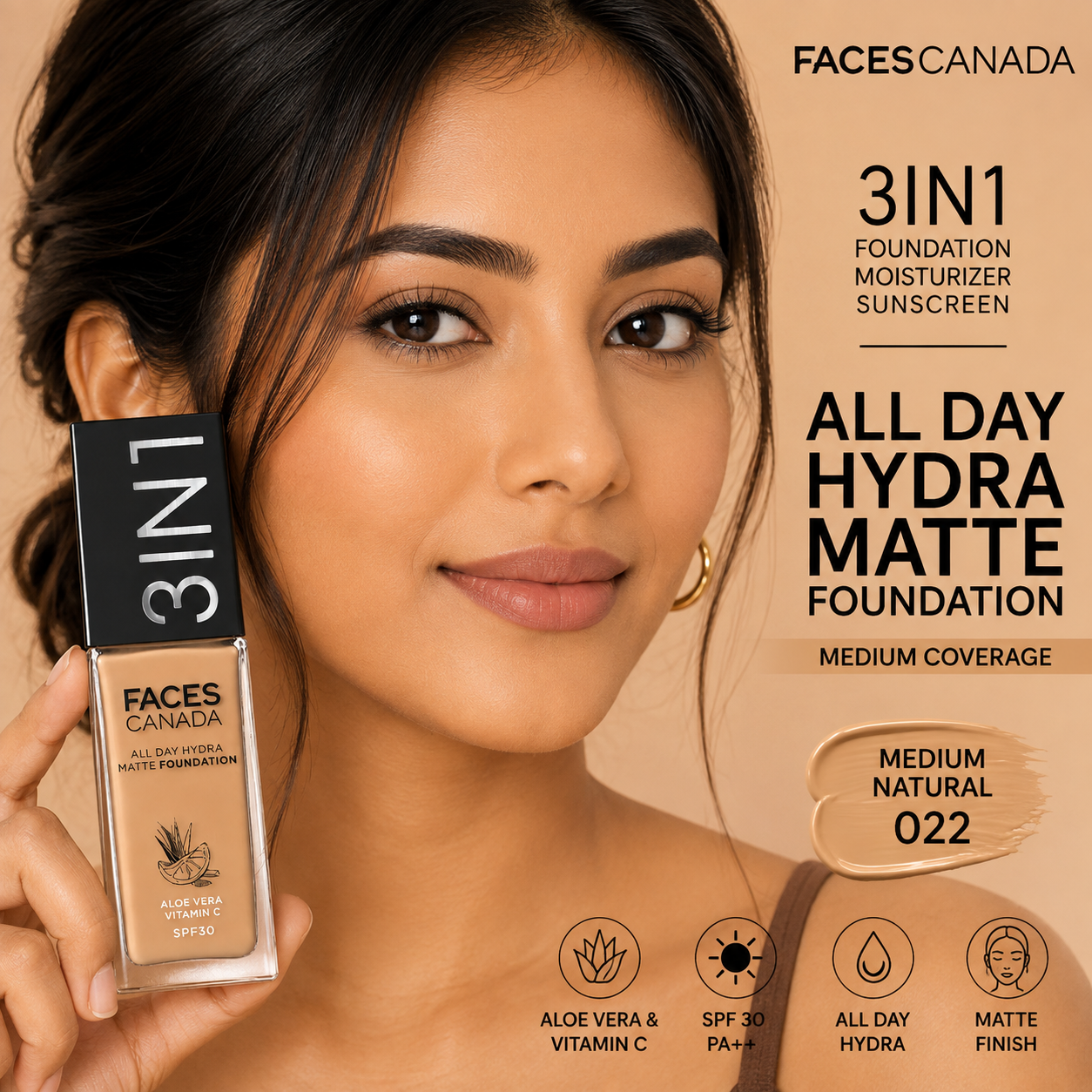 FACES CANADA 3 in 1 All Day Hydra Matte Foundation – Medium Natural 022 | 30ml