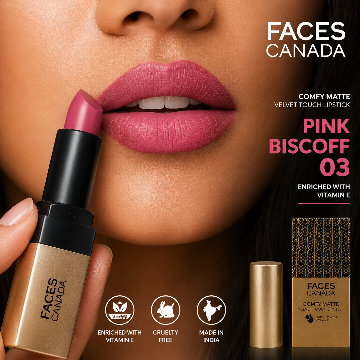 Faces Canada Comfy Matte Lipstick | Pink Biscoff 03 | 4.2g