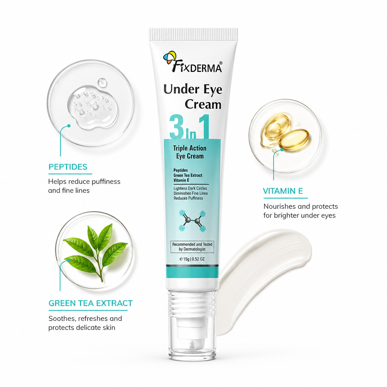 Fixderma 3-in-1 Triple Action Under Eye Cream with Peptides, Green Tea Extract & Vitamin E
