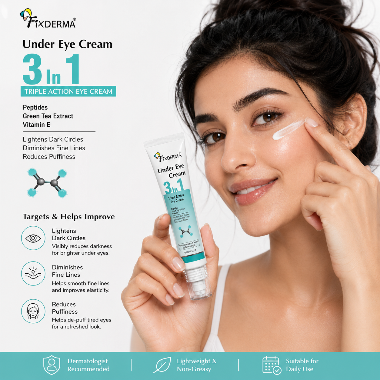 Fixderma 3-in-1 Triple Action Under Eye Cream with Peptides, Green Tea Extract & Vitamin E