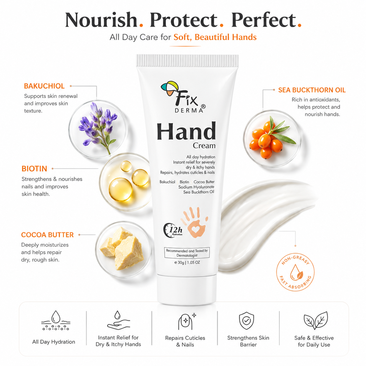 Fixderma Hand Cream with Bakuchiol, Biotin, Cocoa Butter & Sea Buckthorn Oil