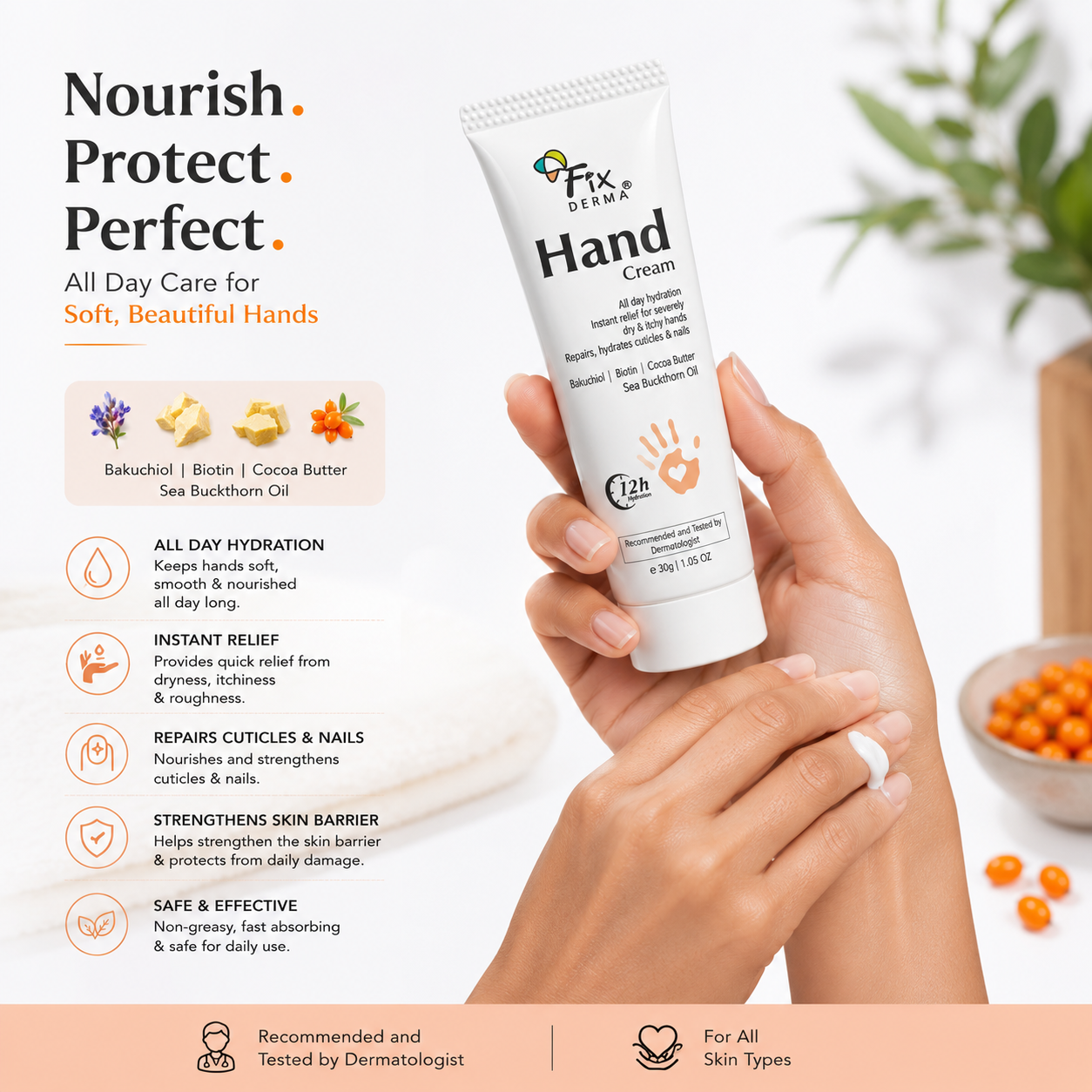 Fixderma Hand Cream with Bakuchiol, Biotin, Cocoa Butter & Sea Buckthorn Oil
