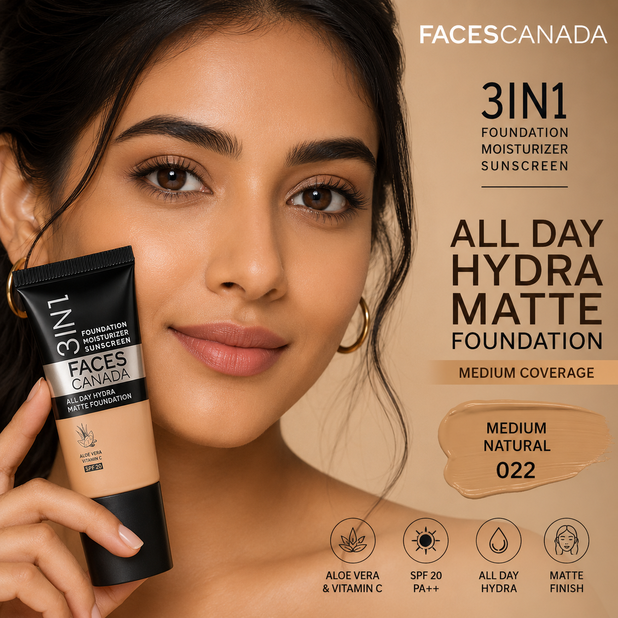 Faces Canada 3 in 1 All Day Hydra Matte Foundation – Medium Natural 022 | 18ml