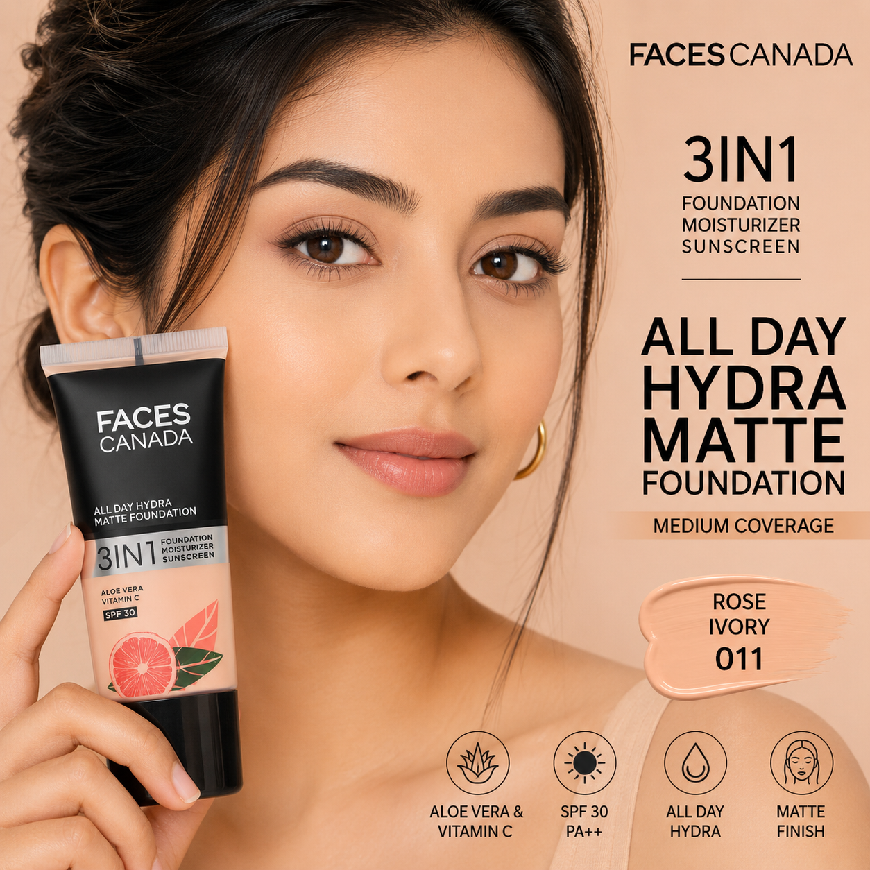 FACES CANADA 3 in 1 All Day Hydra Matte Foundation – Rose Ivory 011 | 25ml