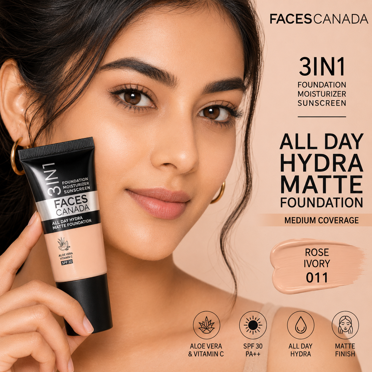 Faces Canada 3-in-1 All Day Hydra Matte Foundation – Rose Ivory 011 | 18ml