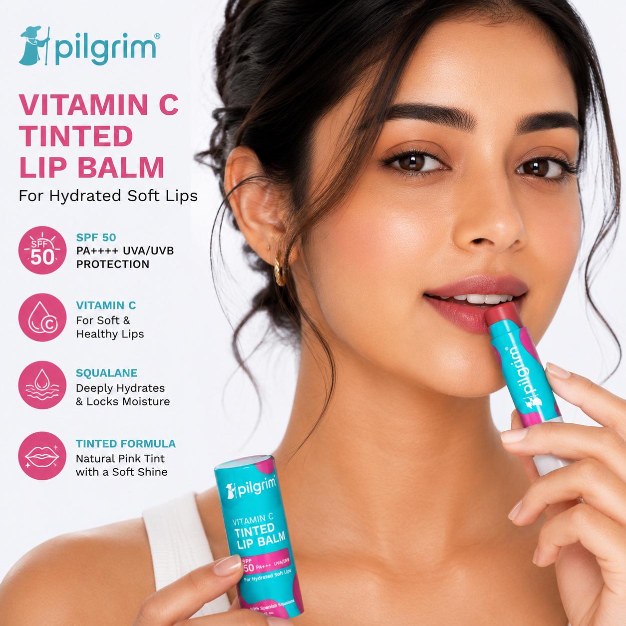 Pilgrim Vitamin C Tinted Lip Balm SPF 50 PA++++ with Spanish Squalane | Hydrating Lip Care | 4.5g