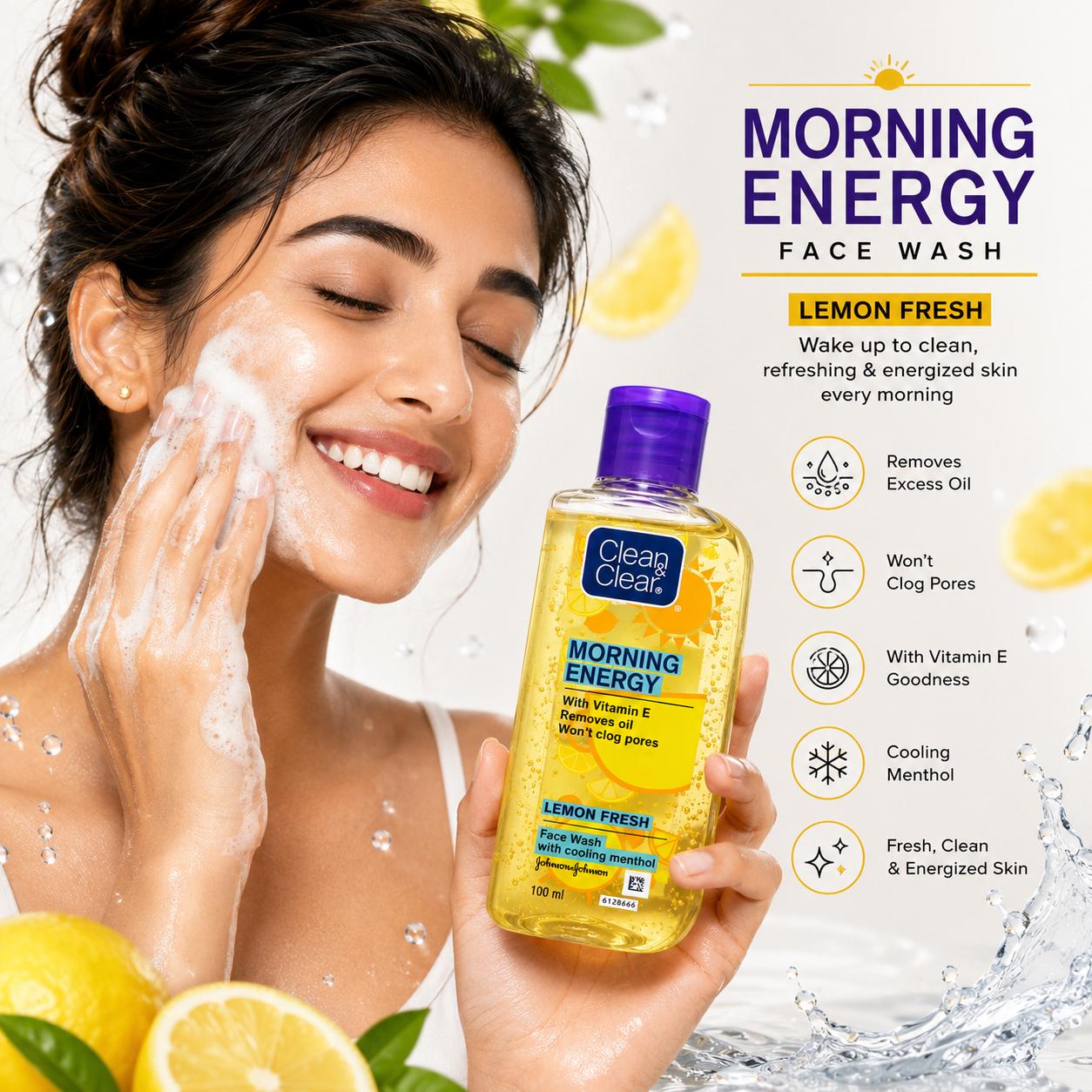 Clean & Clear Morning Energy Lemon Fresh Face Wash with Vitamin E & Cooling Menthol | Oil Control Face Wash | 100ml