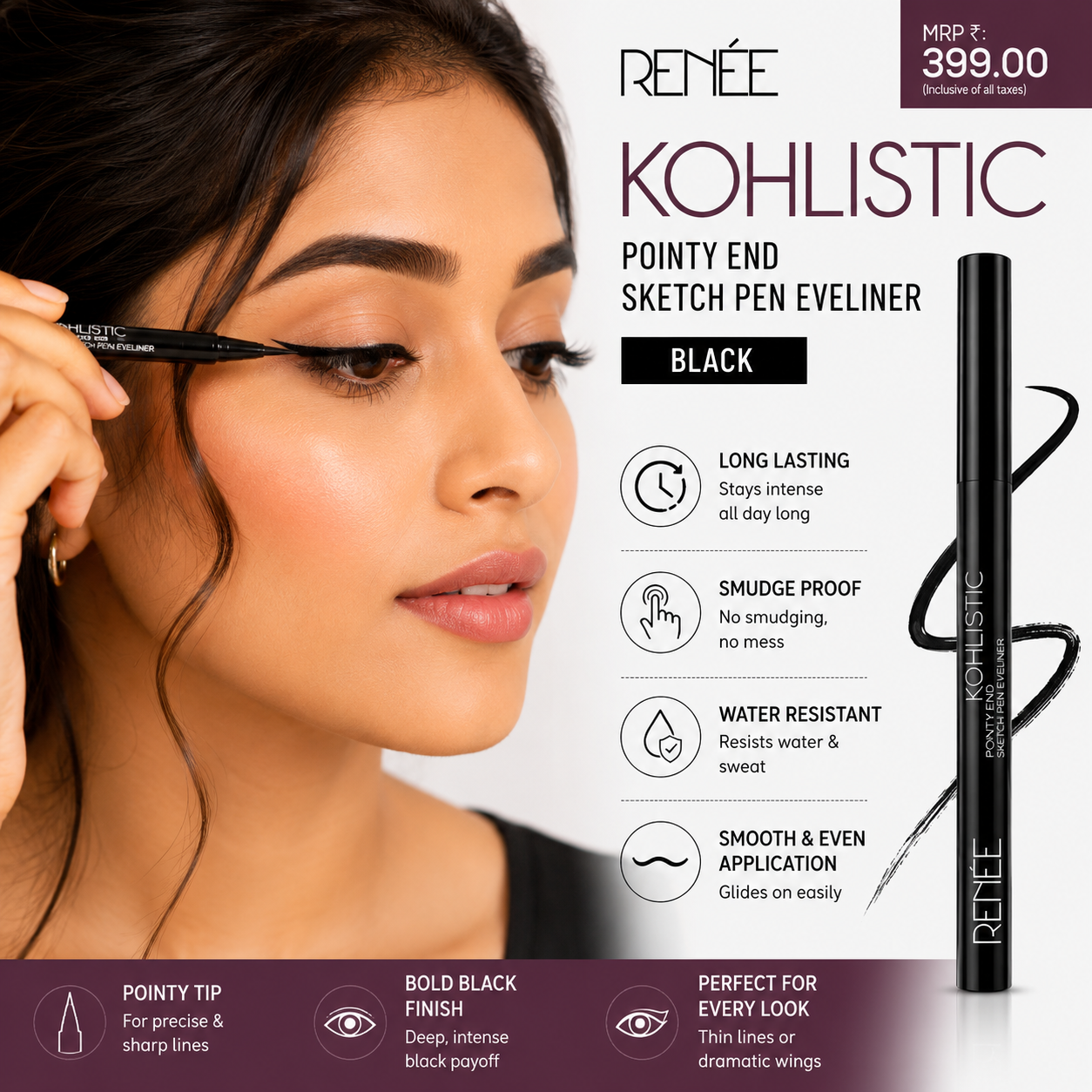RENÉE Kohlistic Pointy End Sketch Pen Eyeliner – Black | Waterproof | 1.5ml