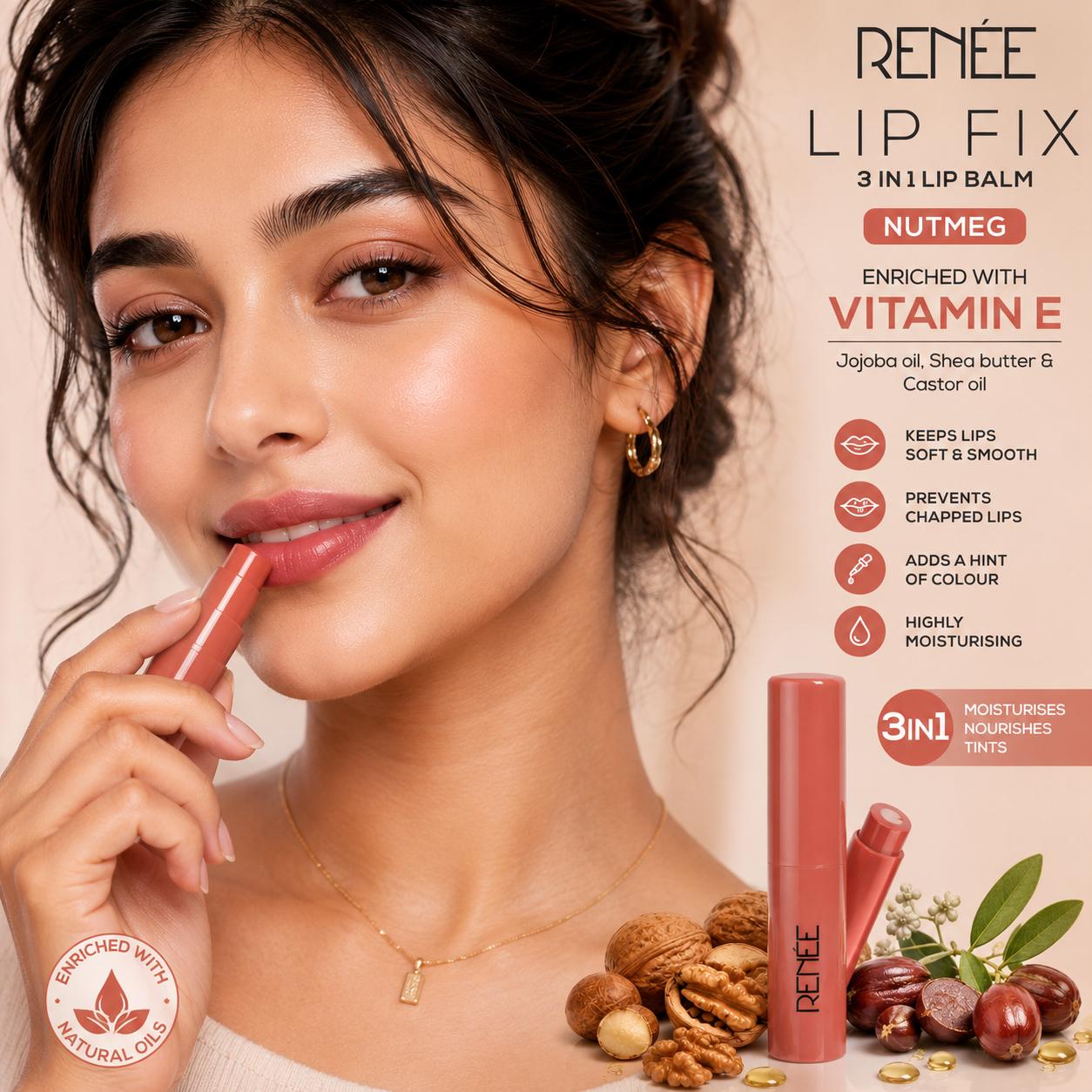 RENÉE Lip Fix 3-in-1 Lip Balm - Nutmeg | Vitamin E Moisturizing Lip Balm | 1.6g
