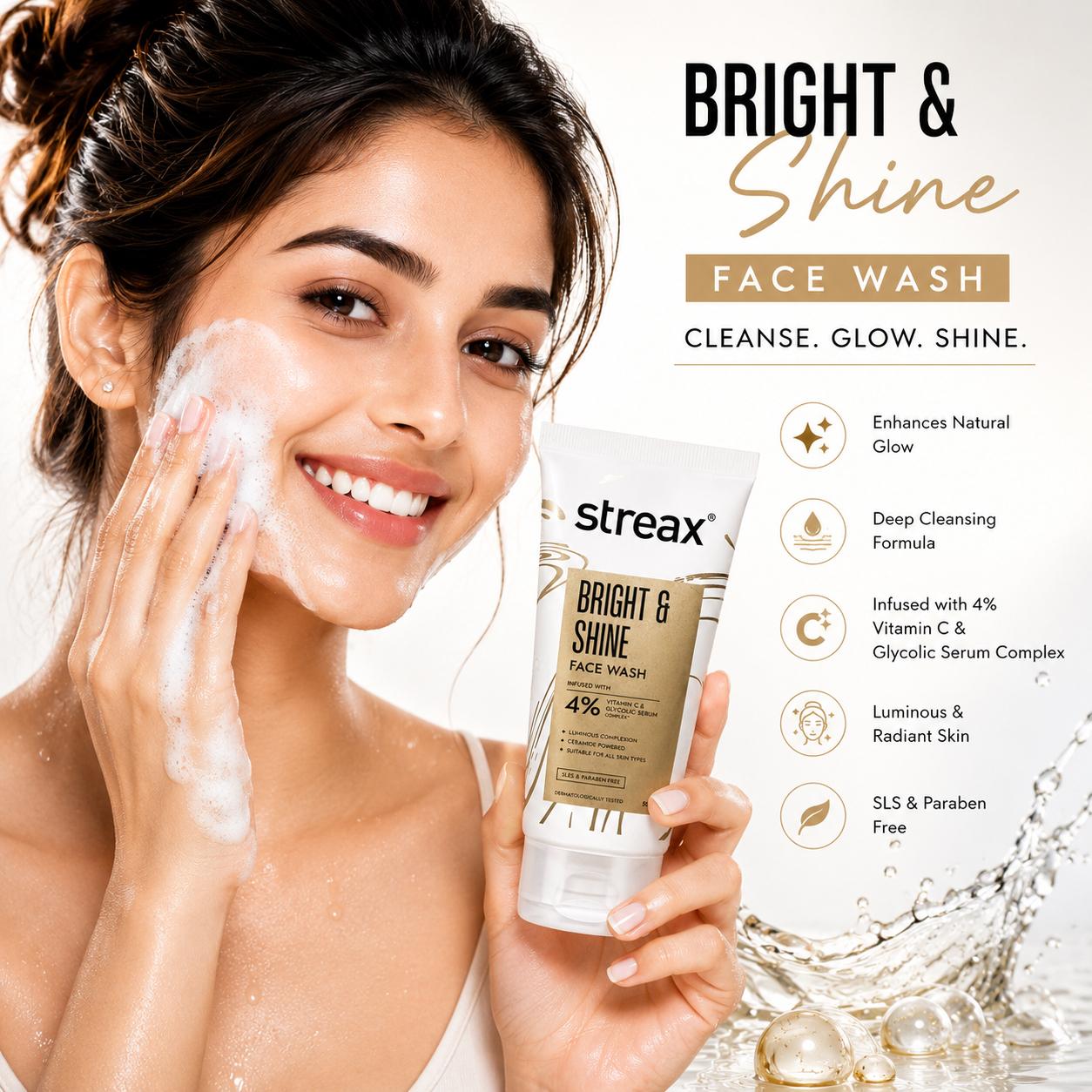 Streax Bright & Shine Face Wash with 4% Vitamin C & Glycolic Serum Complex | Glow Boosting Cleanser | 50ml