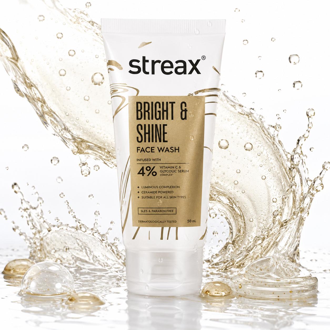 Streax Bright & Shine Face Wash with 4% Vitamin C & Glycolic Serum Complex | Glow Boosting Cleanser | 50ml
