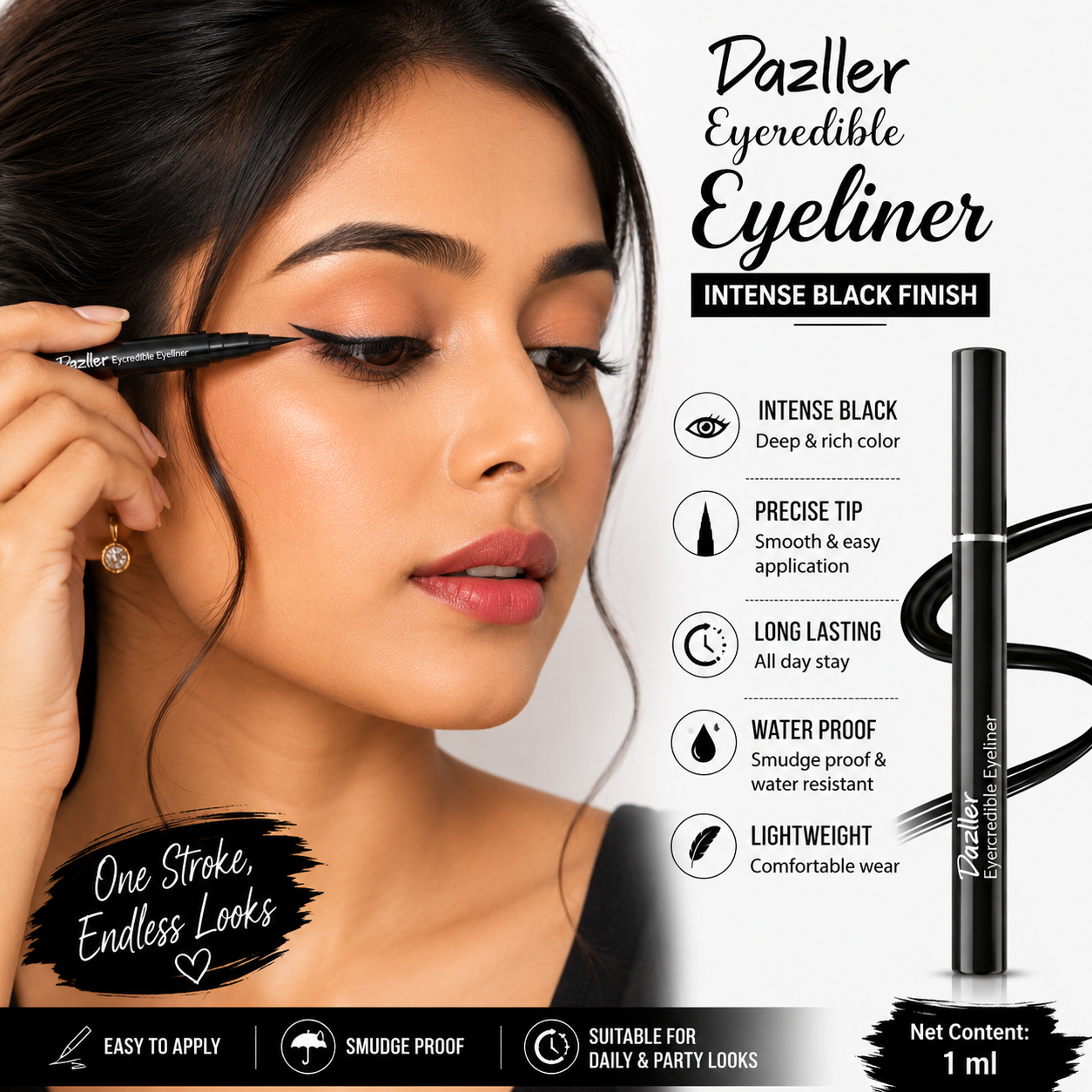 Dazller Eyeredible Eyeliner – Intense Black | Long Lasting | 1.1g