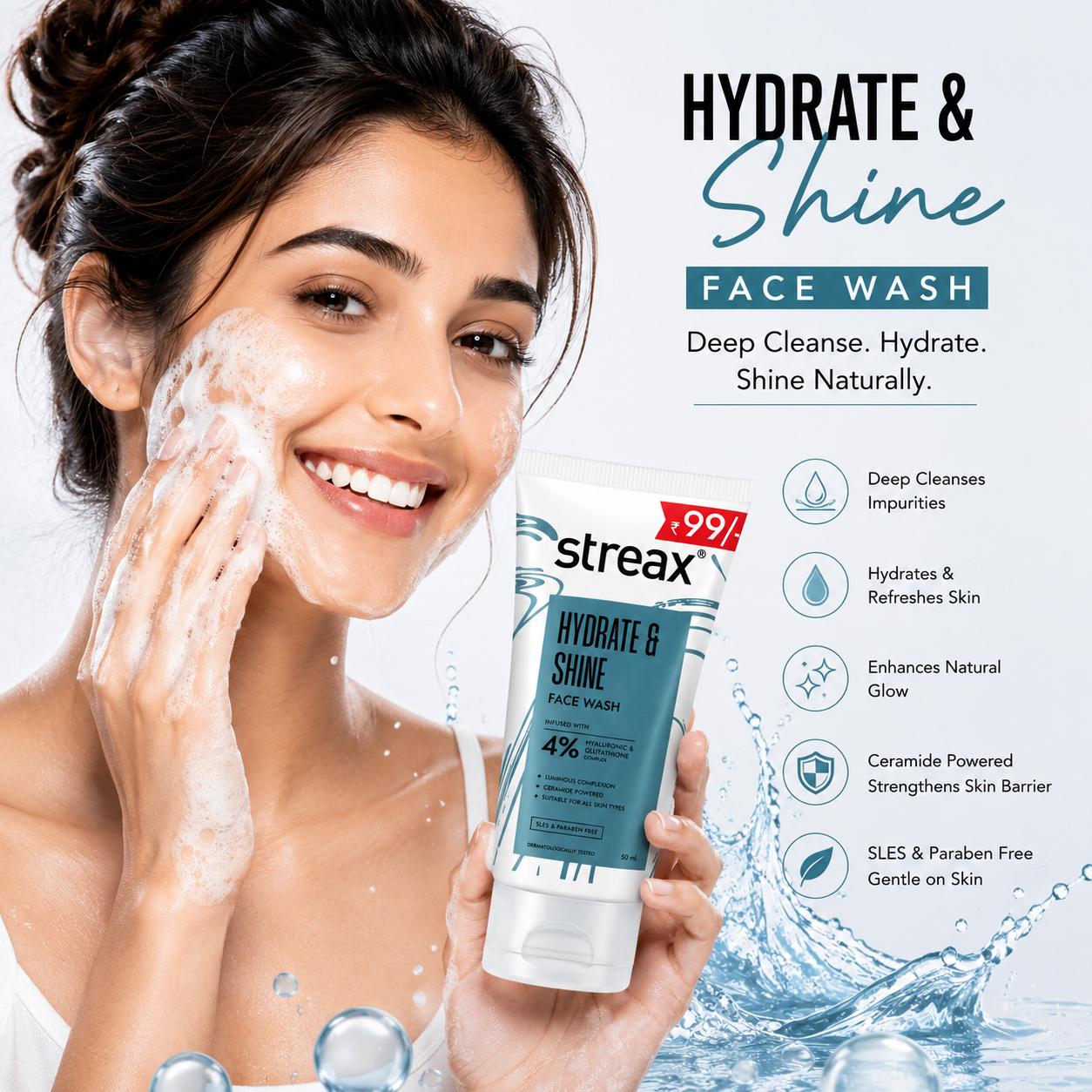 Streax Hydrate & Shine Face Wash with 4% Hyaluronic & Glutathione Complex | Hydrating Glow Face Cleanser | 50ml