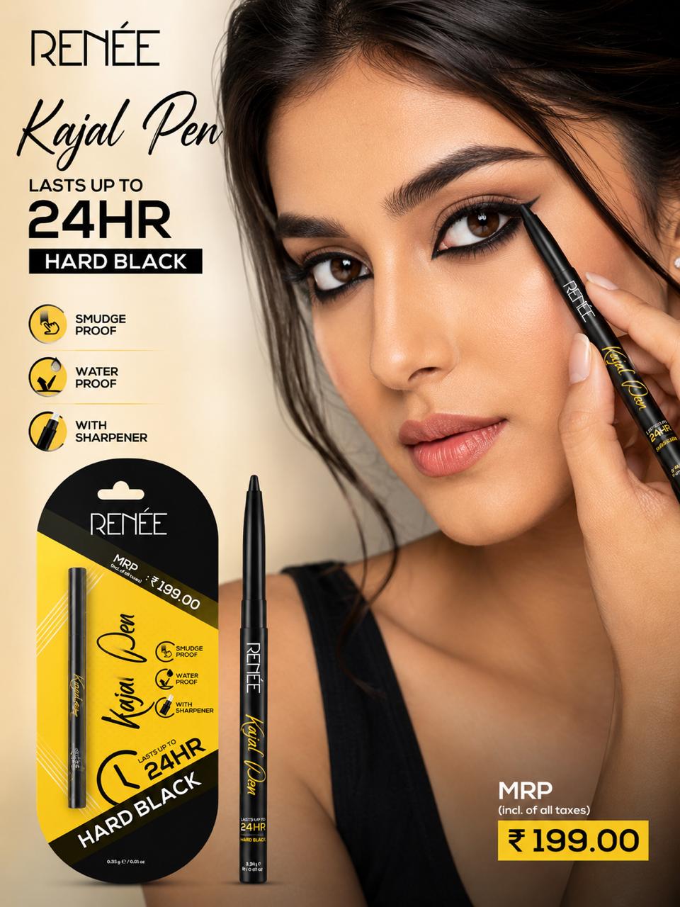RENÉE Kajal Pen – Hard Black | Waterproof & Smudge Proof | 24HR Stay | 0.35g